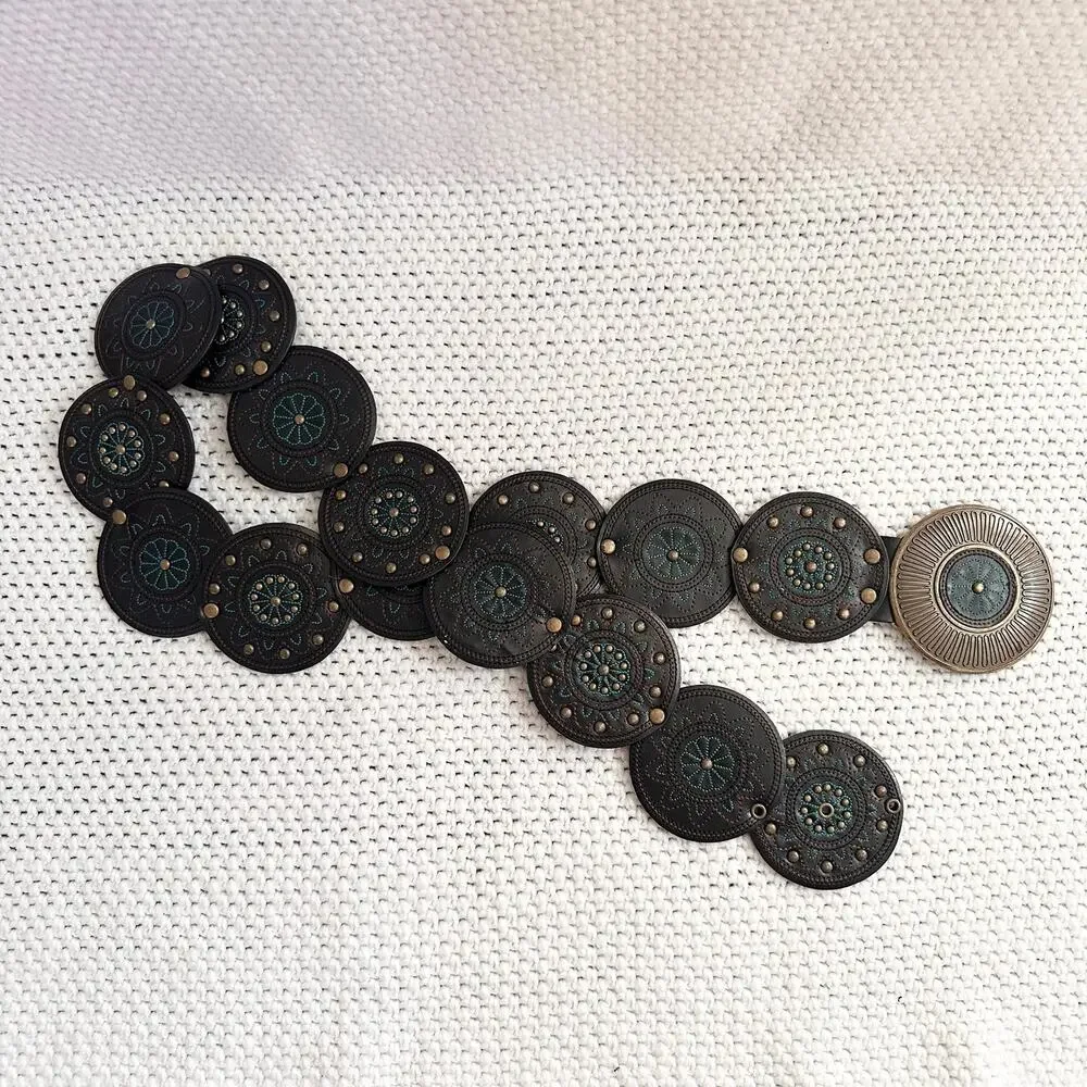 Chico's Vintage Black Faux Leather Disc Embroidered Turquoise Boho Waist Belt L